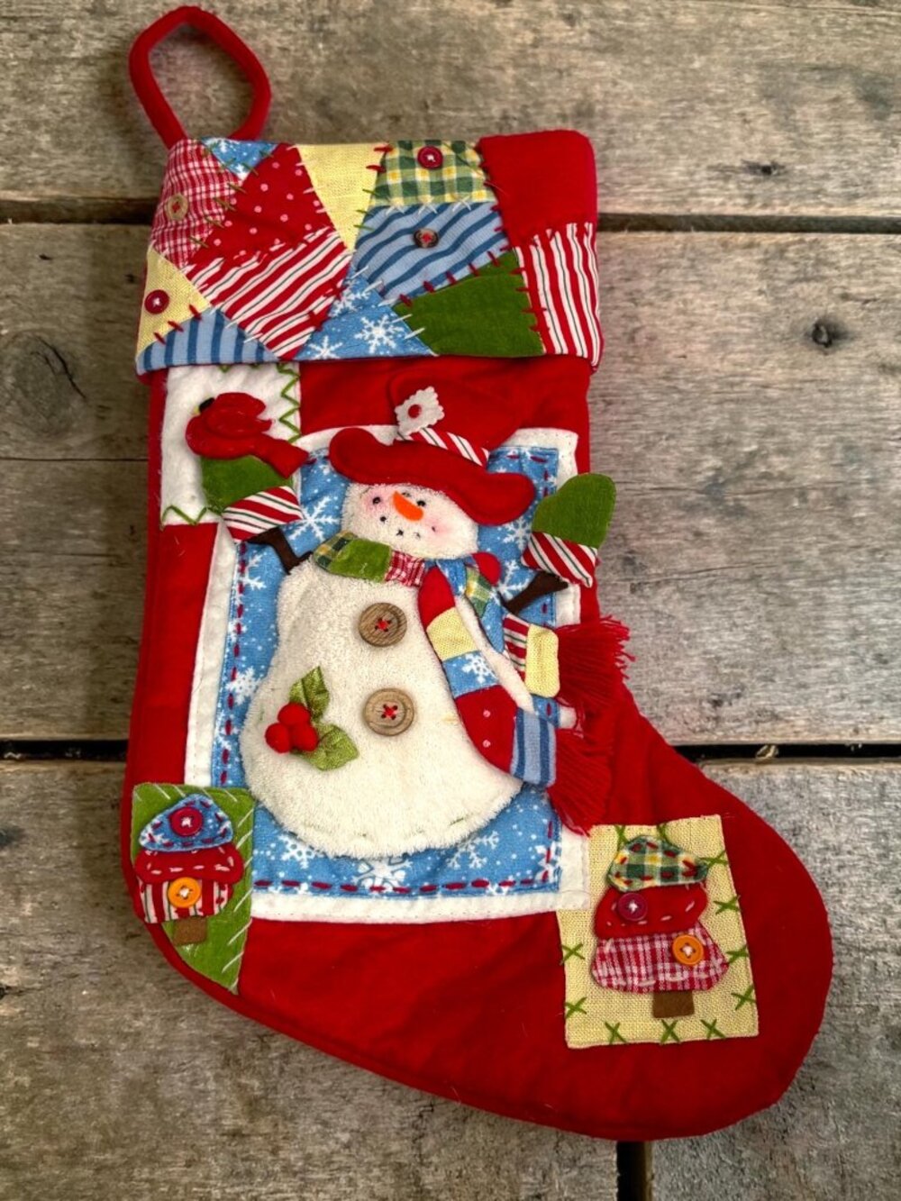 Vintage Home Interiors Christmas Stocking Snowman & Cardinal Patchwork Design 17